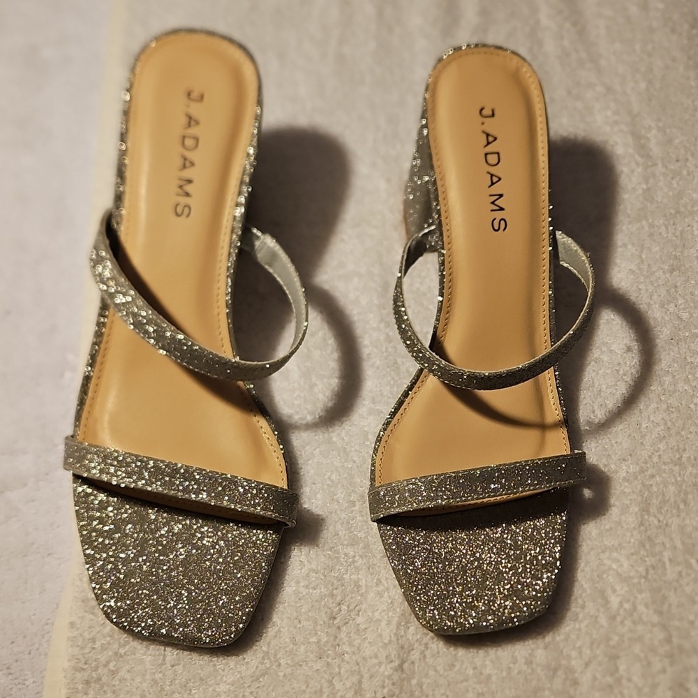 J. Adams Silver Synthetic Strappy Block Heel Glitter Sandals Women's Size 8